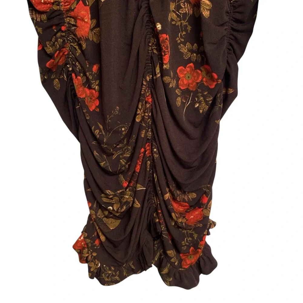 H&M Womens Long Sleeve Brown Red Floral Dress Size 3XL NWT Ruching Bodycon - Picture 8 of 13